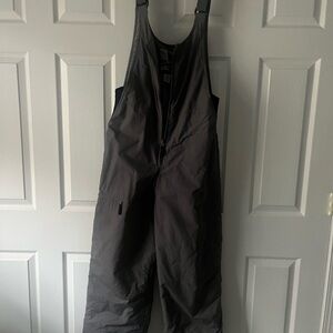 Gray Snow Bib Overalls Leg zipper pocket, adjustable straps, 30 inch inseam.
